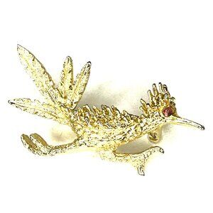 Vintage Road Runner Gold Tone Red Rhinestone Eye Brooch